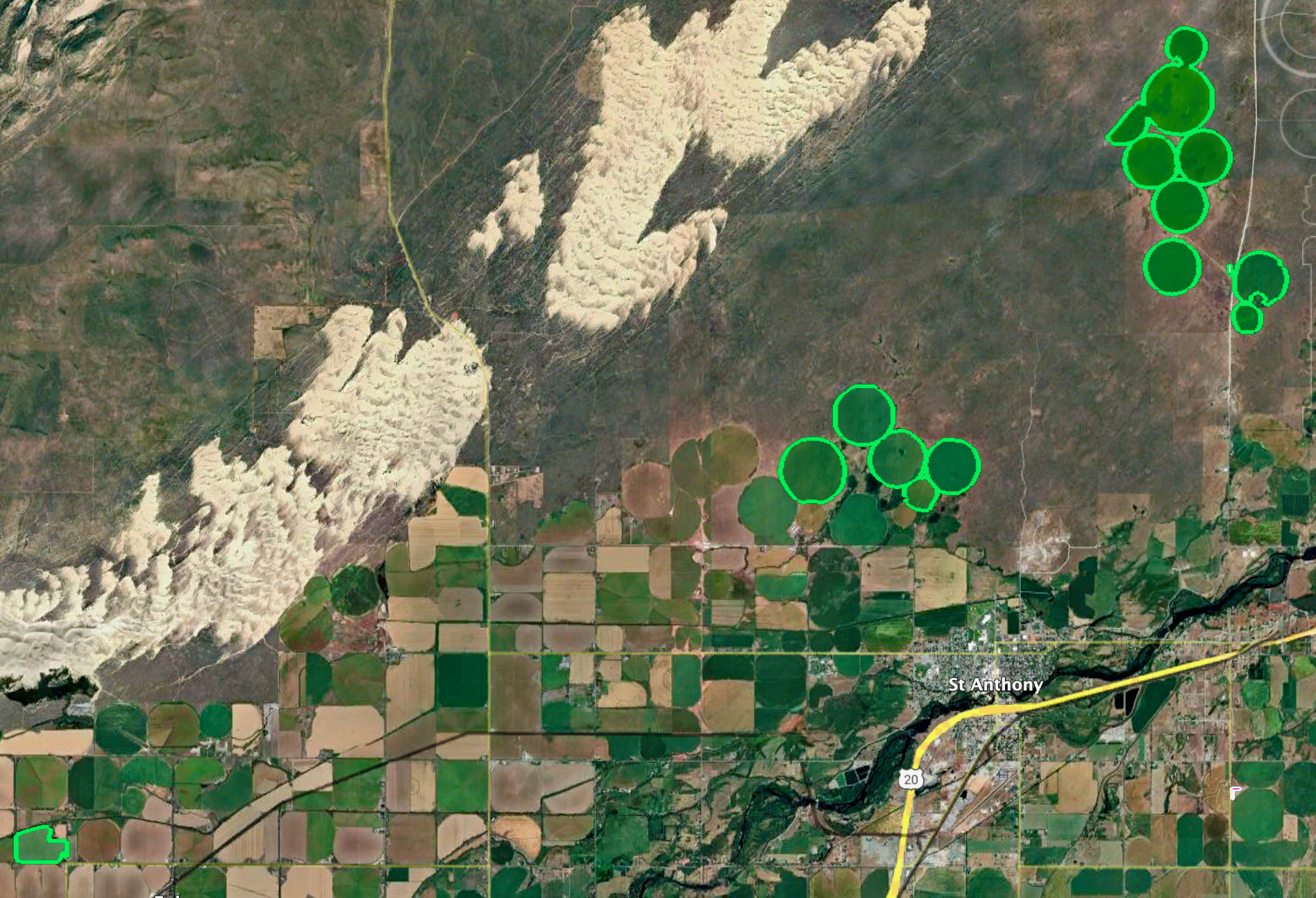 Aerial view of Idaho farmland properties showing Liston, Lenz, and Sand Creek Farms in Fremont County